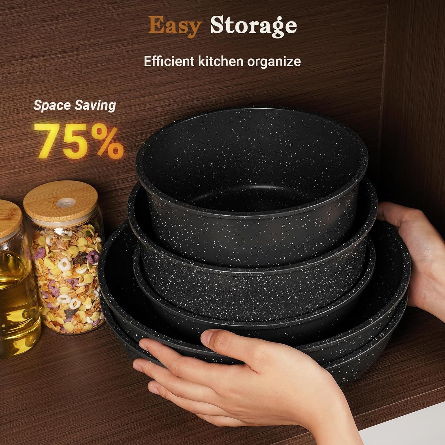 15PCS Non Stick Pots & Pans Set – Detachable Handle Induction Cookware Stackable