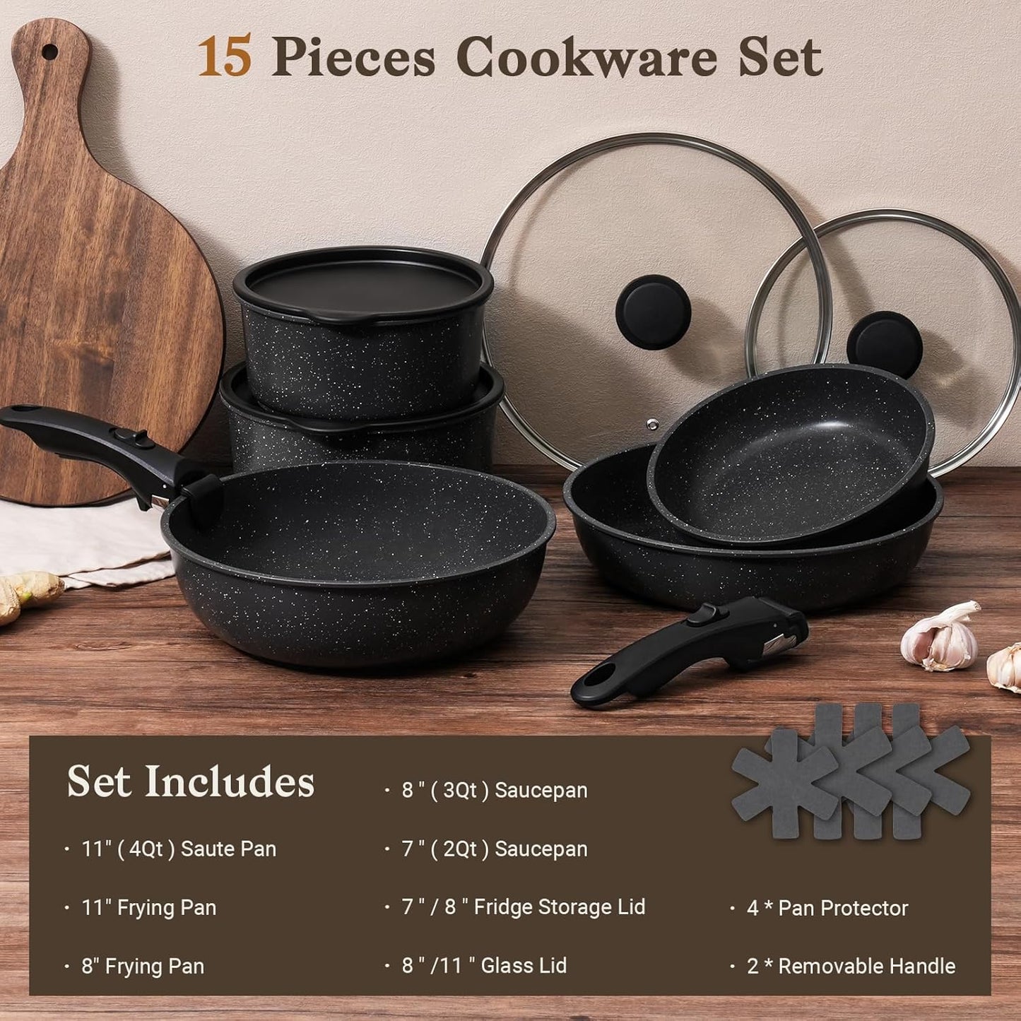 15PCS Non Stick Pots & Pans Set – Detachable Handle Induction Cookware Stackable