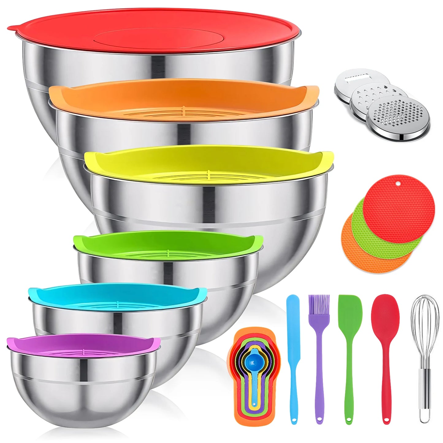 29-Piece Stainless Steel Mixing Bowl Set – Premium Non-Slip Nesting Bowls with Lids & Accessories | Essential Kitchen Set for Mixing & Serving