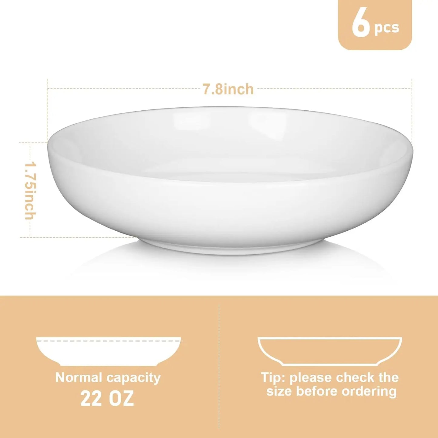 22oz Porcelain Pasta Bowl Set – 6-Pack Large Ceramic Serving Bowls | Wide Plates for Pasta, Salad & Soup | Dishwasher & Microwave Safe