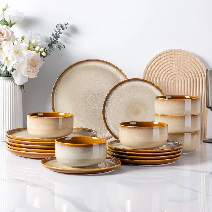 Ceramic Dinnerware Set for 6 – Handmade Reactive Glaze Plates & Bowls | Chip- & Scratch-Resistant Dishes for Modern Dining