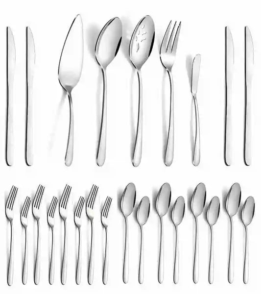 65-Piece Silverware Set for 12 – Stainless Steel Flatware with 5-Piece Serving Set | Durable Cutlery for Home & Dining