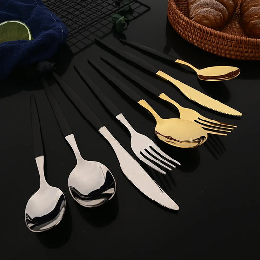 24-Piece Gold Western Dinnerware & Cutlery Set – Stainless Steel Forks, Knives & Spoons | Elegant Flatware Tableware Set